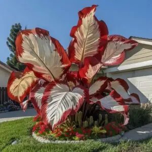 rare giant red white caladium seeds for planting – tropical elephant ear plant with huge variegated leaves, exotic ornamental foliage for gardens & containers
